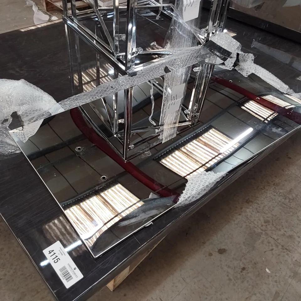 PALLET OF FURNITURE PARTS, THREE TABLE TOPS, CHROME NEST OF 3 TABLES FRAMES, & METAL MIRRORED PANEL