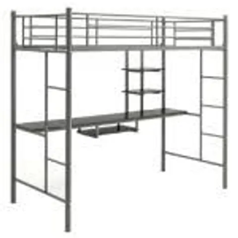 BOXED COSTWAY SIGLE METAL LOFT BED FRAME HIGH SLEEPER BUNK BED W DESK STORAGE SHELVES - SILVER (1 BOX)