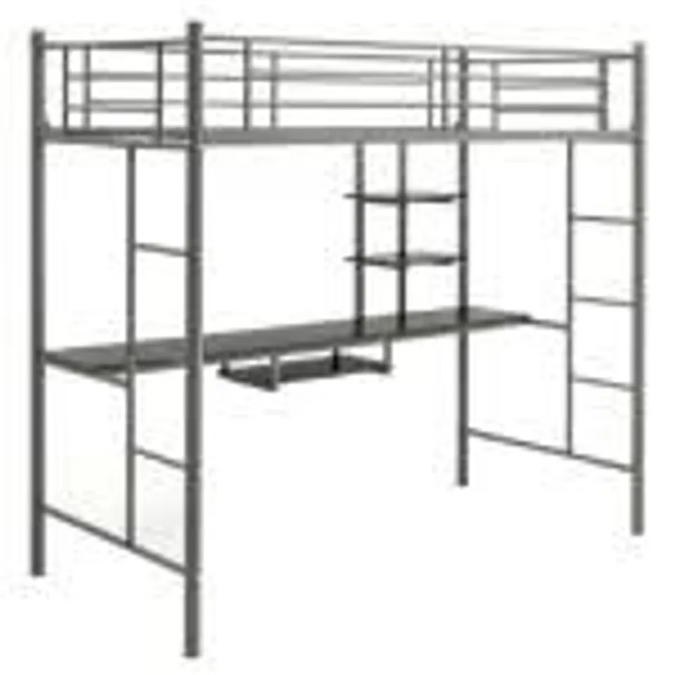 BOXED COSTWAY SINGLE METAL LOFT BED FRAME HIGH SLEEPER BUNK BED W DESK STORAGE SHELVES - SILVER (1 BOX)