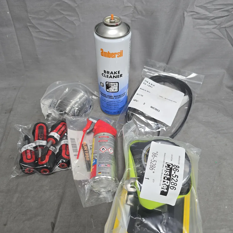 APPROXIMATELY 10 ASSORTED TOOL PRODUCTS TO INCLUDE TAPE MEASURE, SOLDER, BRAKE CLEANER ETC