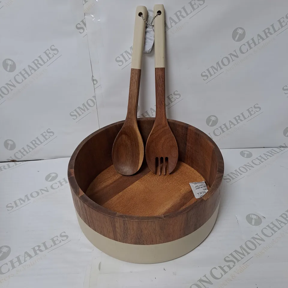 BOXED BUNDLEBERRY ACACIA WOOD SERVING BOWL WITH SERVERS 