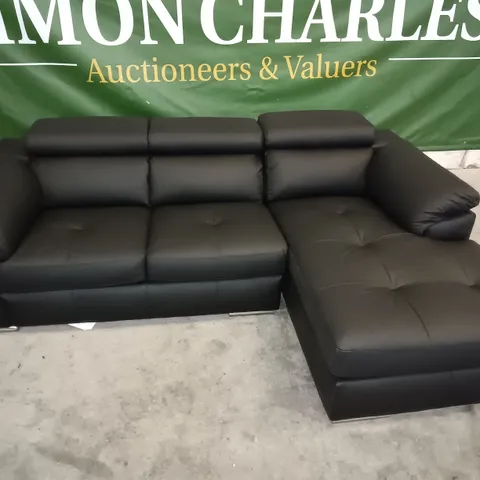 MATT BLACK FAUX LEATHER CHAISE CORNER SOFA WITH ADJUSTABLE HEADRESTS AND CHROME DETAILS