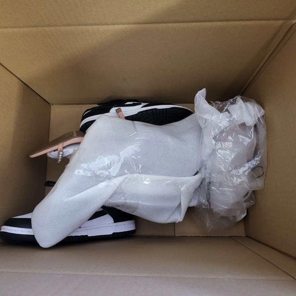 BOX OF APPROXIMATELY 15 ASSORTED PAIRS OF SHOES TO INCLUDE NIKE RAINBOW FLIP FLOPS, CLARKS BABY SHOES, BLACK/WHITE TRAINERS , ETC
