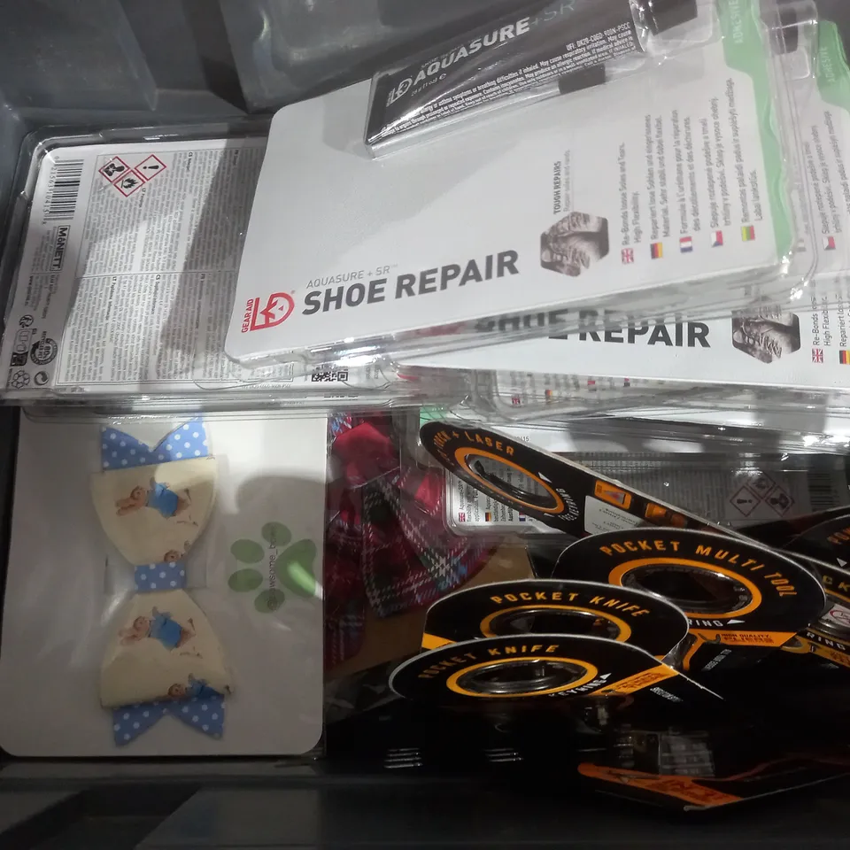 APPROXIMATELY 20 ASSORTED HOME ITEMS INCLUDING ZIPPER LUBRICANT, POCKET KNIFE OR MINI TOOL, DOG COLLAR BOW TIES