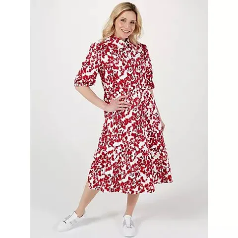 HELENE BERMAN TIERED SHIRT DRESS IN RED - SIZE 16