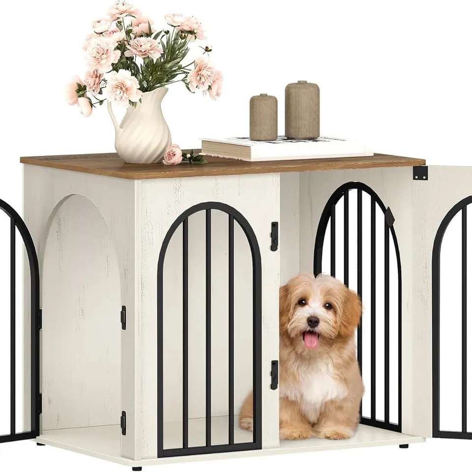 BOXED HZUANERI DOG CRATE FURNITURE, 68 CM DOG CRATE, ARCHED DOOR, WHITE BROWN | WOODEN DOG CRATE, INDOOR KENNEL FOR SMALL DOGS, END SIDE TABLE ANIMAL CRATES, ANTI-CHEW, ANTI-ESCAPE, DFC85514B