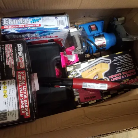 BOX CONTAINING 6 ASSORTED PRODUCTS INCLUDING  NEEDLE SCALER & HAMMER KIT, 1/2 SHEET ORBITAL SANDER & HOT AIR GUN