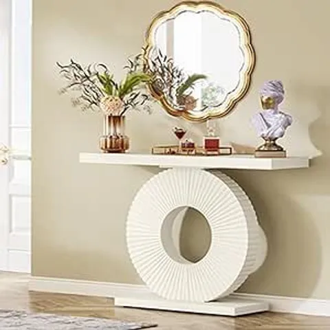 BOXED TRIBESIGNS CONSOLE TABLE, HALL TABLE WITH A ROUND, FLOWER-SHAPED BASE CONSOLE & SOFA TABLES | HALLWAY FURNITURE | SLIM ENTRYWAY TABLE |100 X 30 X 79 CM (CREAMY WHITE)