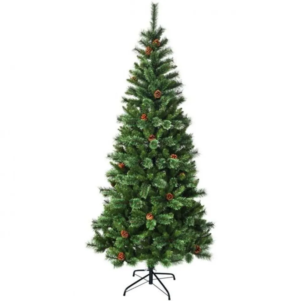BOXED COSTWAY 7FT CHRISTMAS HINGED TREE WITH MIXED PINE NEEDLES, CONES, AND METAL STAND