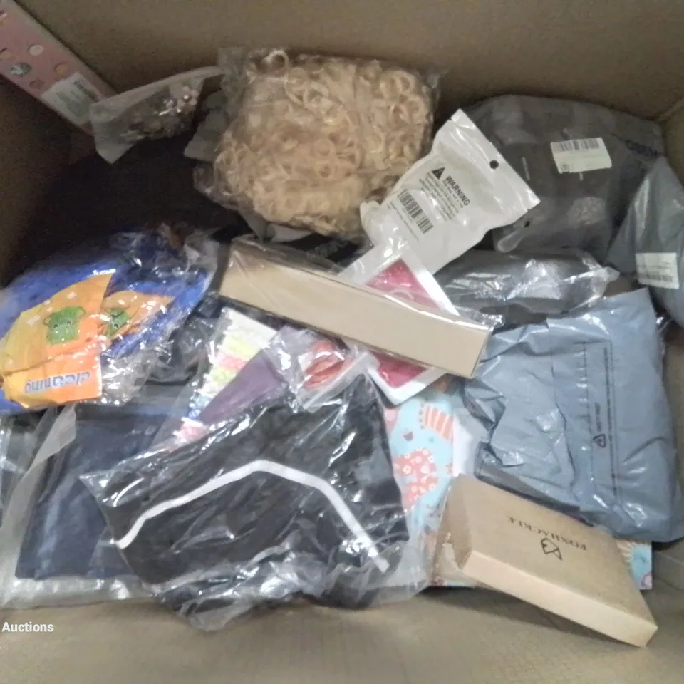 BOX CONTAINING LARGE AMOUNT OF MIXED FASHION ITEMS, SILVER PLATE AND COSTUME JEWELLERY, CLOTHING ITEMS ETC.