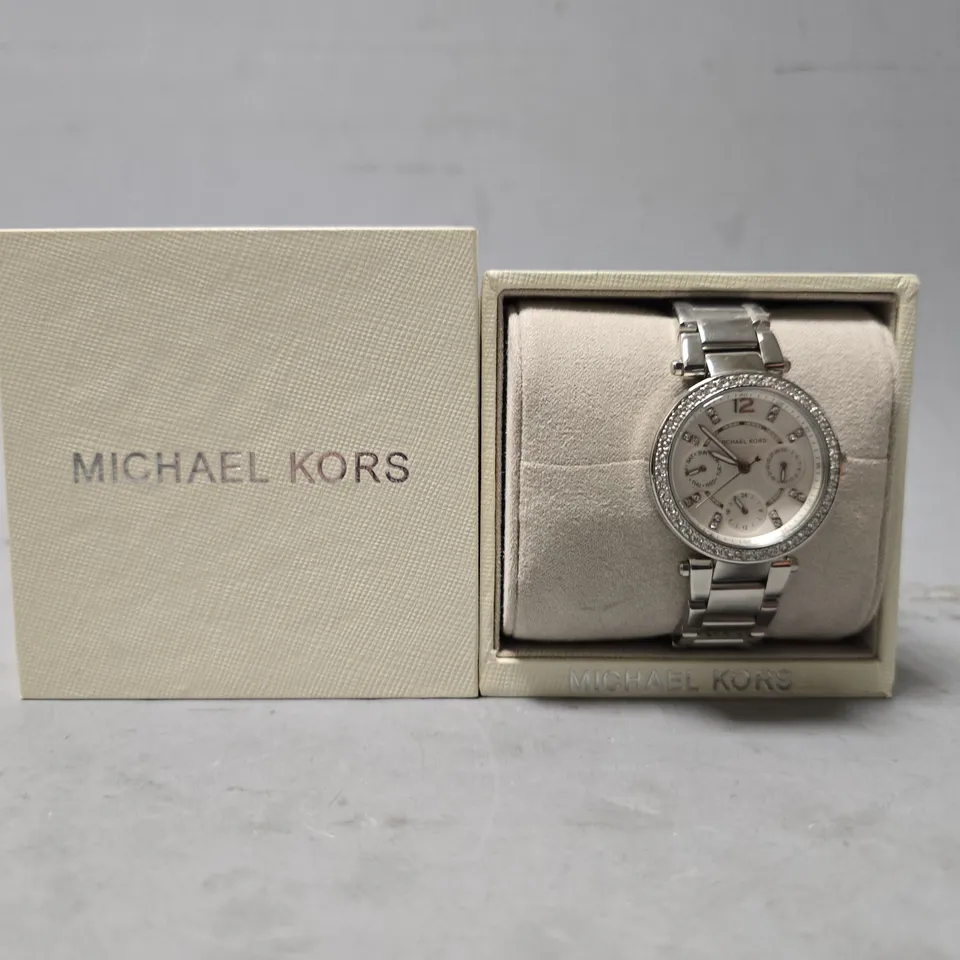 BOXED MICHAEL KORS PARKER 33MM STEEL WHITE DIAMOND DIAL QUARTZ LADIES WATCH