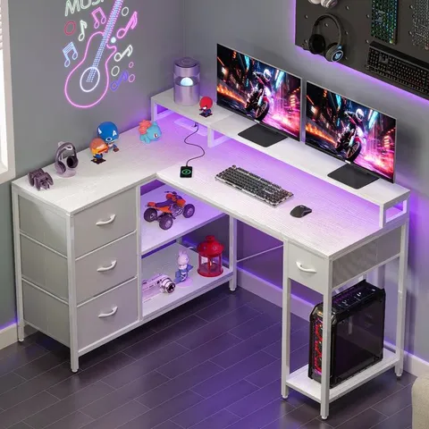 BOXED L-SHAPED COMPUTER DESK WITH 4 DRAWERS, GAMING DESK WITH POWER OUTLET 