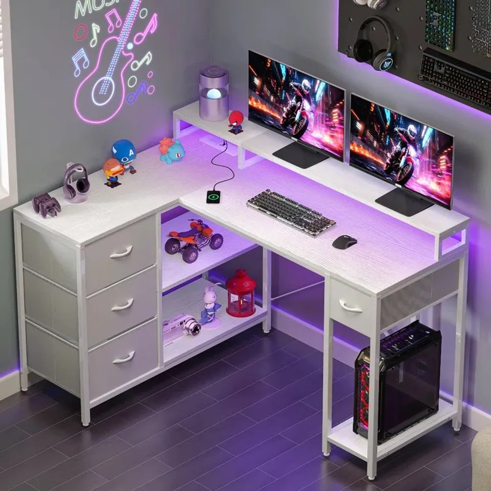 BOXED L-SHAPED COMPUTER DESK WITH 4 DRAWERS, GAMING DESK WITH POWER OUTLET 