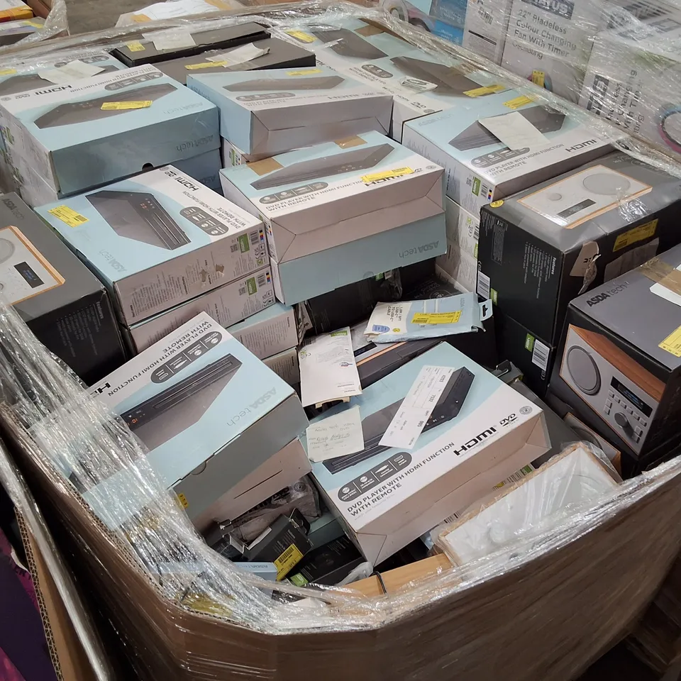 PALLET CONTAINING ASSORTED ELECTRICAL RETURNS INCLUDING DVD PLAYERS, OUTDOOR PAN/TILT SECURITY WIFI CAMERA, DAB+/FM RADIOS & ASSORTED CABLES