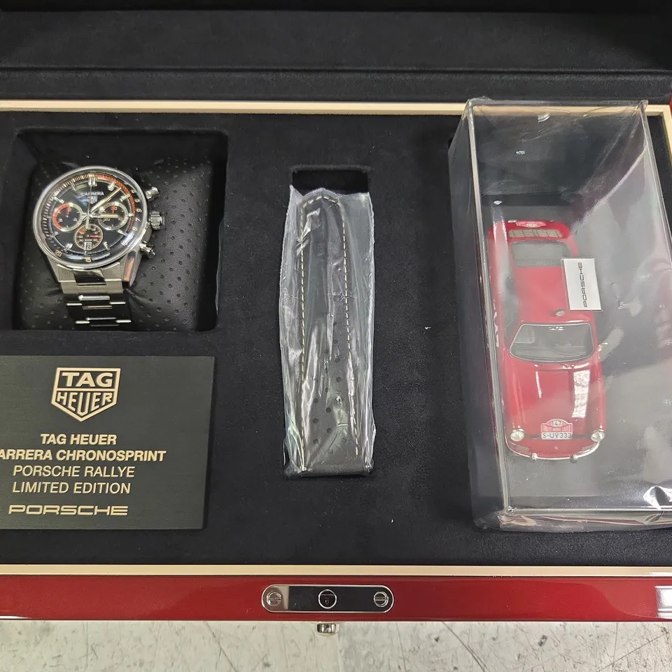 TAG HEUER LIMITED EDITION CARRERA CHRONOSPRINT PORSCHE RALLYE WATCH AND MODEL CAR IN PRESENTATION BOX