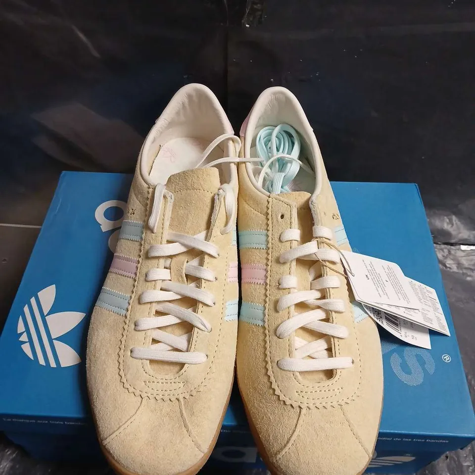 BOXED PAIR OF ADIDAS SUEDE TRAINERS WITH PASTEL STRIPES – BEIGE - UK SIZE 9.5