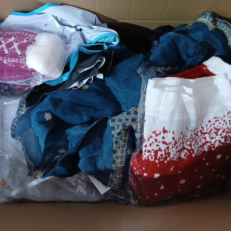 LARGE BOX OF ASSORTED CLOTHING ITEMS IN VARIOUS SIZES, STYLES AND COLOUR TO INCLUDE SWIMSUIT, DRESS, SWEATER, ETC