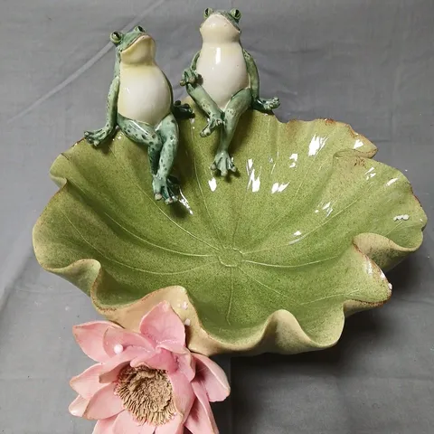 CERAMIC FROG FIGURINES ON LOTUS LEAF WITH PINK FLOWER – DECORATIVE GARDEN ORNAMENT