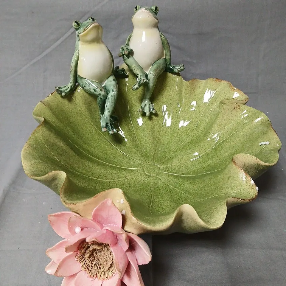 CERAMIC FROG FIGURINES ON LOTUS LEAF WITH PINK FLOWER – DECORATIVE GARDEN ORNAMENT