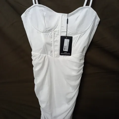 PRETTYLITTLETHING CREAM STRAPPY CORSET DETAIL MESH RUCHED SKIRT BODYCON DRESS - UK 12