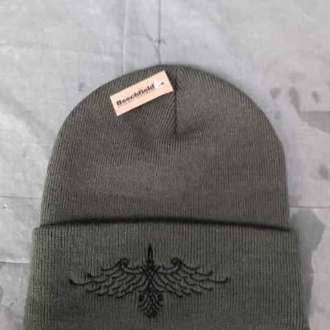 BEECHFIELD KNIT BEANIE HAT – OLIVE GREEN WITH EMBROIDERED WING MOTIF