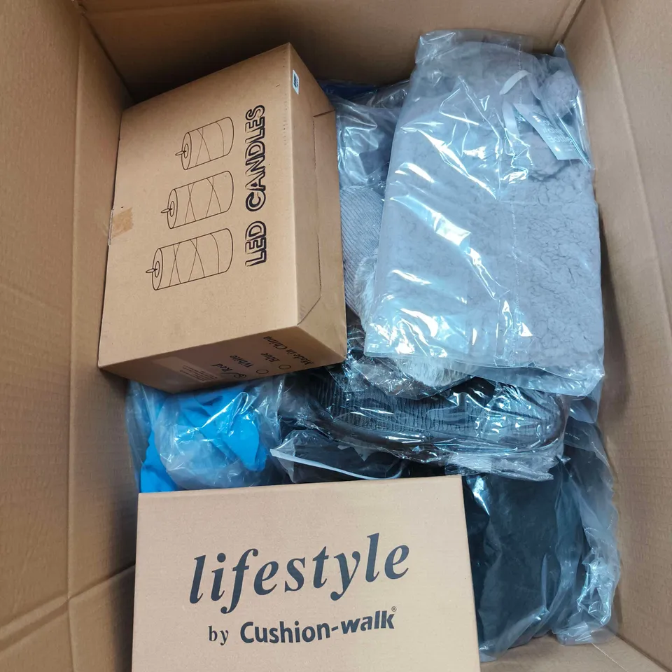 BOX OF APPROXIMATELY 20 ASSORTED ITEMS TO INCLUDE LED CANDLES, SLIPPERS, HOT WATER BOTTLE ETC