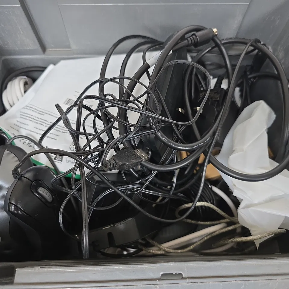 APPROXIMATELY 10 ASSORTED HOUSEHOLD ITEMS TO INCLUDE SKY REMOTES , MOUSES AND ASSORTED CABLES AND WIRES