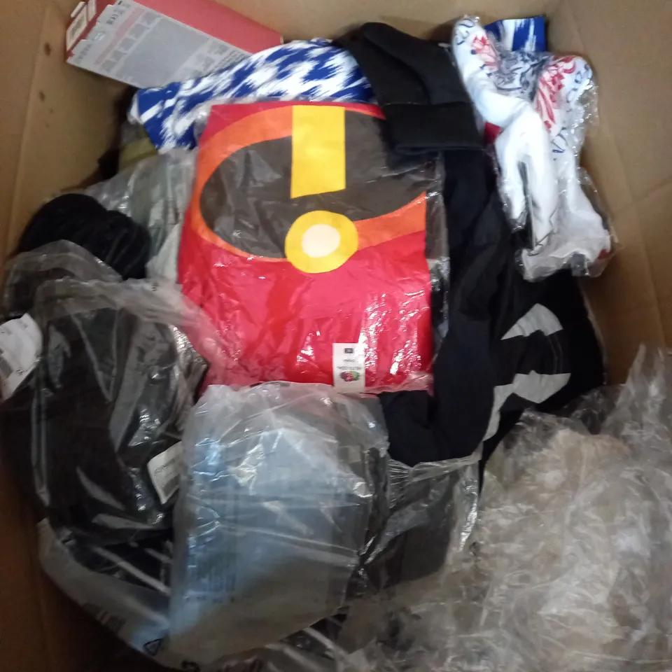 BOX OF ASSORTED CLOTHING ITEMS TOO INCLUDE DRESSES , SHIRTS AND TROUSERS IN VARIOUS SIZES AND COLOURS   