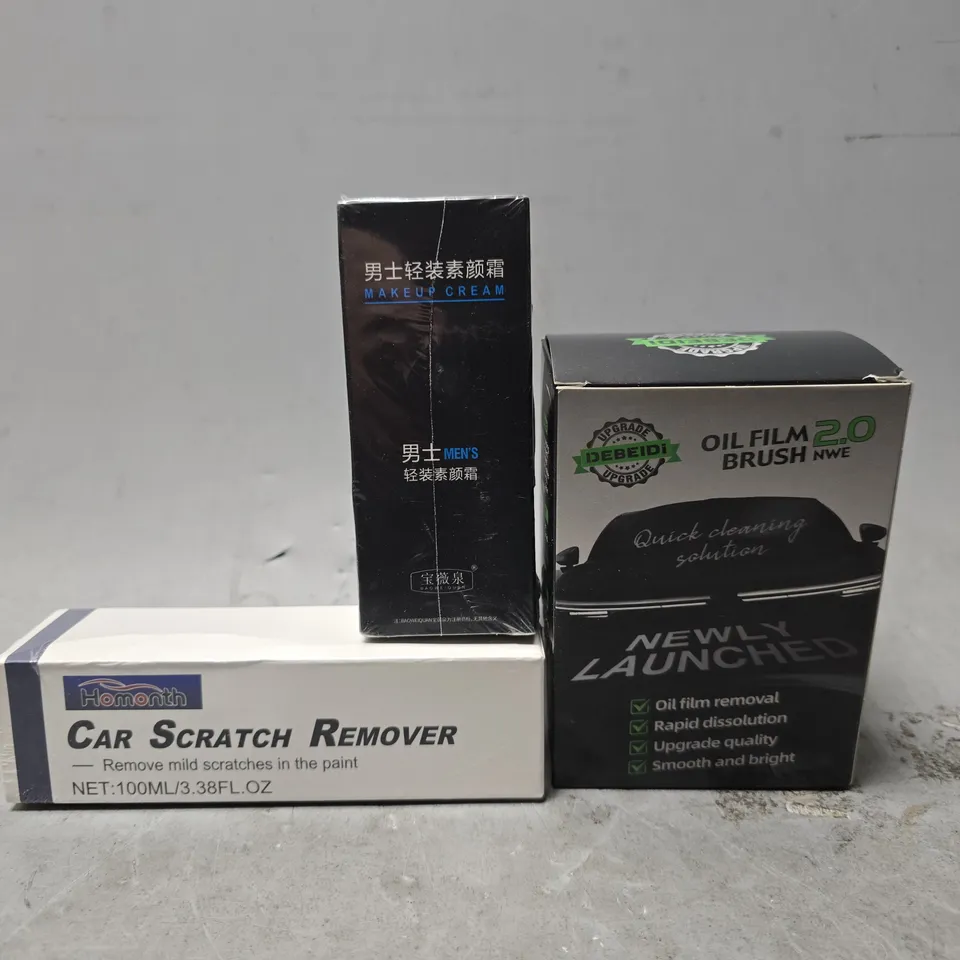 APPROXIMATELY 15 ASSORTED ITEMS TO INCLUDE - CAR SCRATCH REMOVER , OIL FILM 2.0 BRUSH , MAKEUP CREAM 