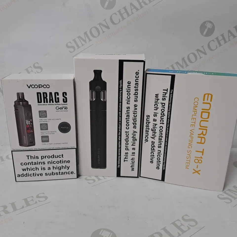 APPROXIMATELY 10 ASSORTED E-CIGARETTE PRODUCTS TO INCLUDE INNOKIN ENDURA T18-X, VOOPOO DRAG S, INNOKIN ENDURA T20 S 
