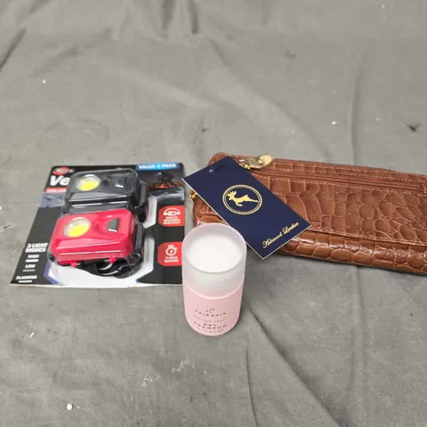 APPROXIMATELY 10 ASSORTED HOUSEHOLD PRODUCTS TO INCLUDE LED HEAD TORCH, DRY SHAMPOO, ASHWOOD PURSE ETC