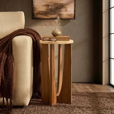 BOXED DUSK LANA ROUND SIDE TABLE - MID WOOD/ TRAVERTINE EFFECT (1 BOX)