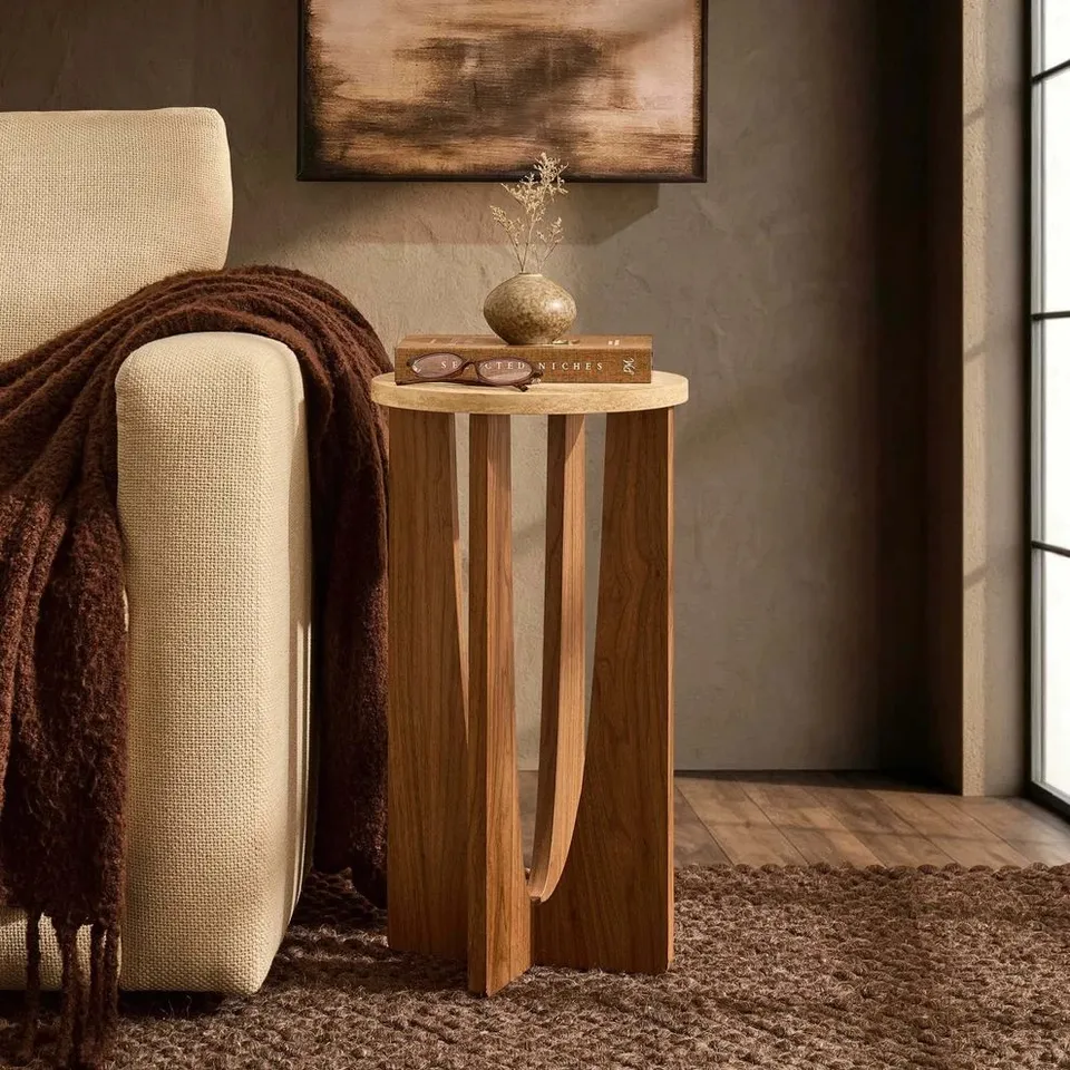 BOXED DUSK LANA ROUND SIDE TABLE - MID WOOD/ TRAVERTINE EFFECT (1 BOX)