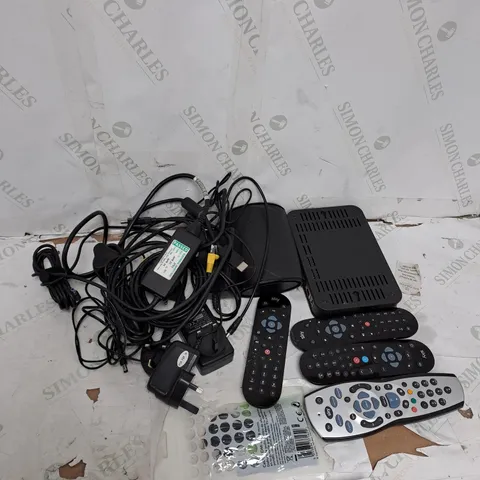 TOTE OF ELECTRICAL ITEMS TOO INCLUDE SKY REMOTES , TV BOXES , PLUGS , ETC