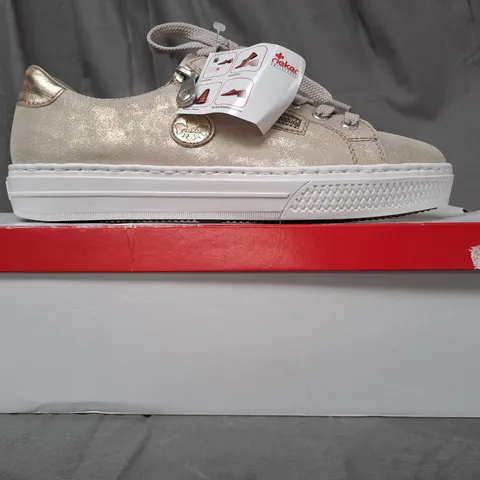 BOXED PAIR OF RIEKER SHOES IN METALLIC GOLD SIZE 6