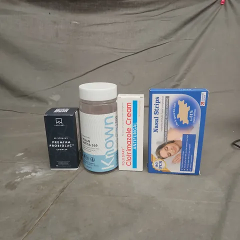 TOTE OF APPROXIMATELY 15 ASSORTED HEALTHCARE PRODUCTS TO INCLUDE NASAL STRIPS - POLO DIARY CLOTRIMAZOLE CREAM AND KNOWN VEGAN OMEGA 369 GUMMIES