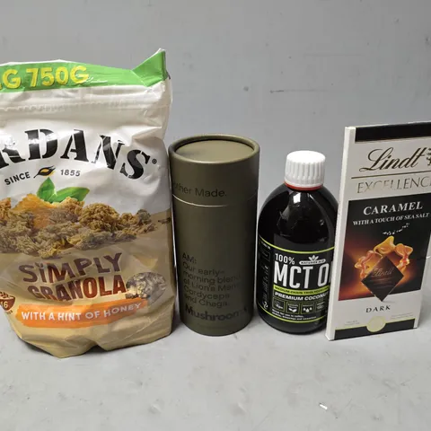 APPROXIMATELY 10 ASSORTED FOOD & DRINK ITEMS TO INCLUDE - LINDT CARAMEL , NATURES AID MCT OIL ETC