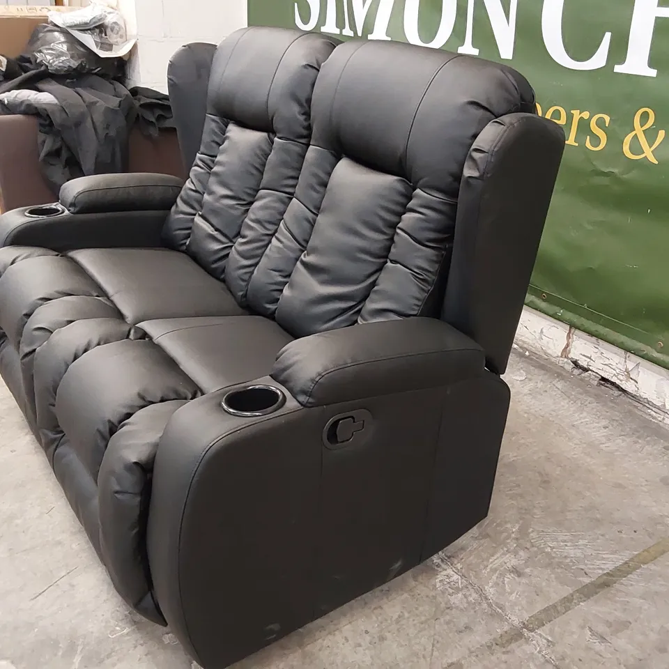 DESIGNER BLACK LEATHER 2-SEATER RECLINING SOFA WITH CUP HOLDERS 