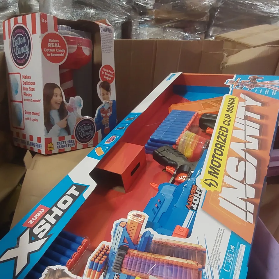PALLET CONTAINING A LARGE QUANTITY OF ASSORTED TOYS INCLUDING: BABY WALKER, TOY XSHOT GUN, 3-IN-1 TABLETOP MULTI GAME SET, COTTON CANDY MAKER ECT