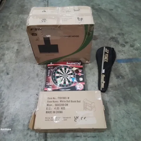 PALLET OF ASSORTED HOUSEHOLD GOODS AND PRODUCTS TO INCLUDE; COOKER HOOD, BADMINTON RACKETS, TOY GAMES, WHITE DOLL BUNK BED, BOXED FURNITURE ETC