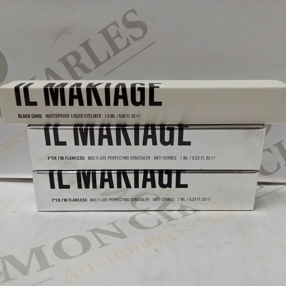 LOT OF 3 ASSORTED IL MAKIAGE PRODUCTS TO INCLUDE WATERPROOF LIQUID EYELINER - BLACK CARD & MULTI-USE PERFECTING CONCEALER - #08 & #2.5