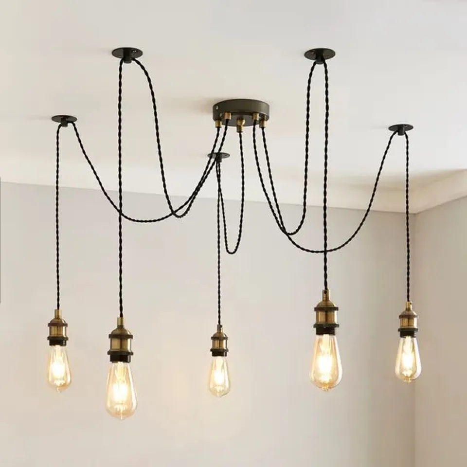 BOXED LOGAN 5 LIGHT SPIDER ANTIQUE BRASS INDUSTRIAL CLUSTER FLEX CEILING LIGHT