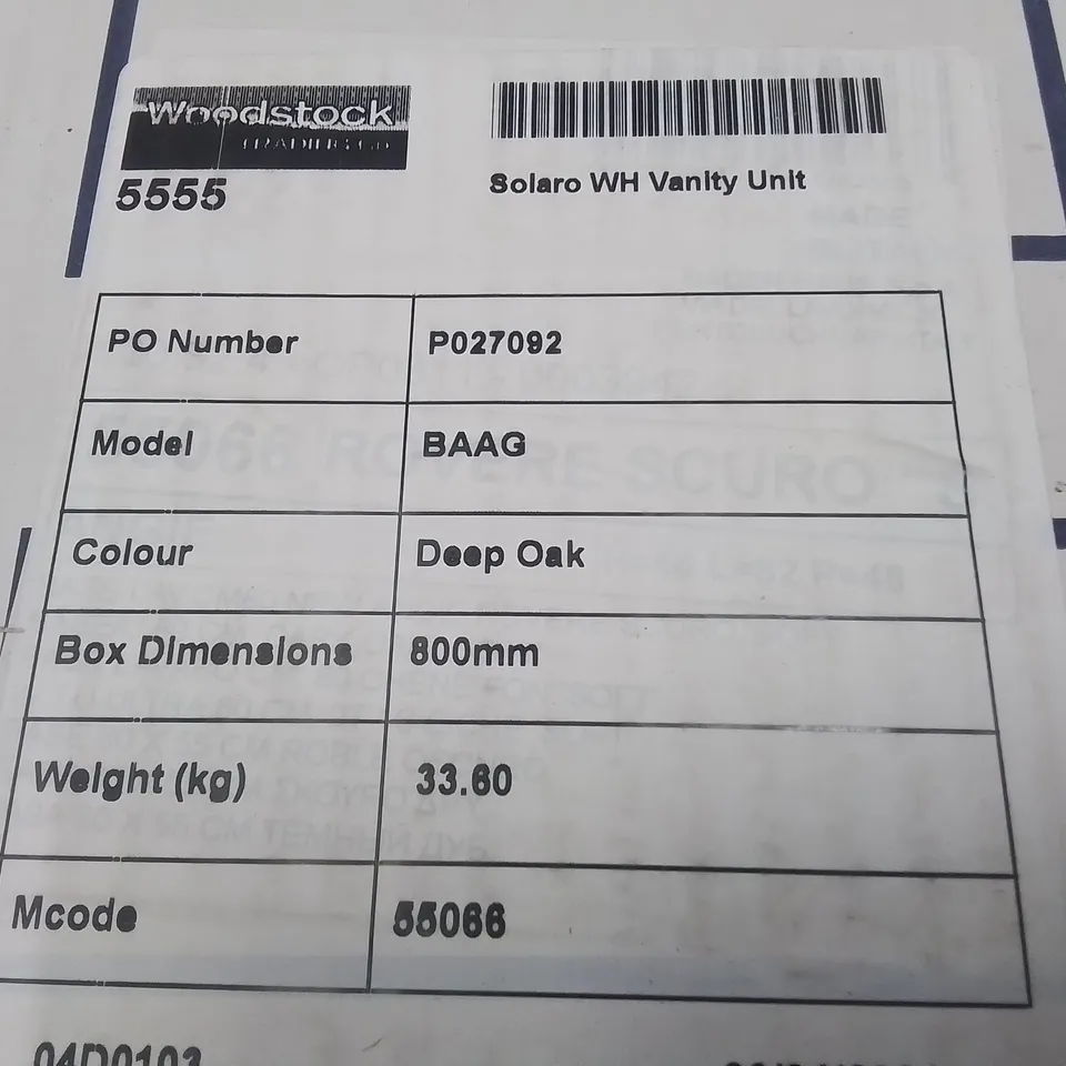 BOXED AS NEW SOLARO WH VANITY UNIT IN DEEP OAK - 800MM