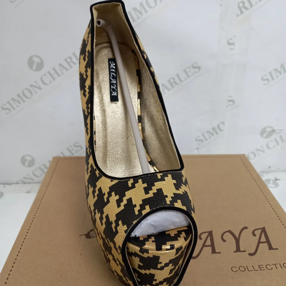 BOX OF 5 PAIRS OF MILAYA BLACK & GOLD HIGH HEELS 