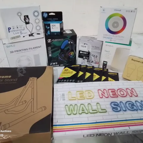 BOX CONTAINING LARGE AMOUNT OF BOXED ELECTRICAL ITEMS TO INCLUDE: PROFESSIONAL LIVE STREAM SET UP, 3D PRINTING FILAMENT ROLLS, GAMING HEADPHONES, WIRELESS BLUETOOTH SPEAKER, GUITAR STAND AND LOTS MORE