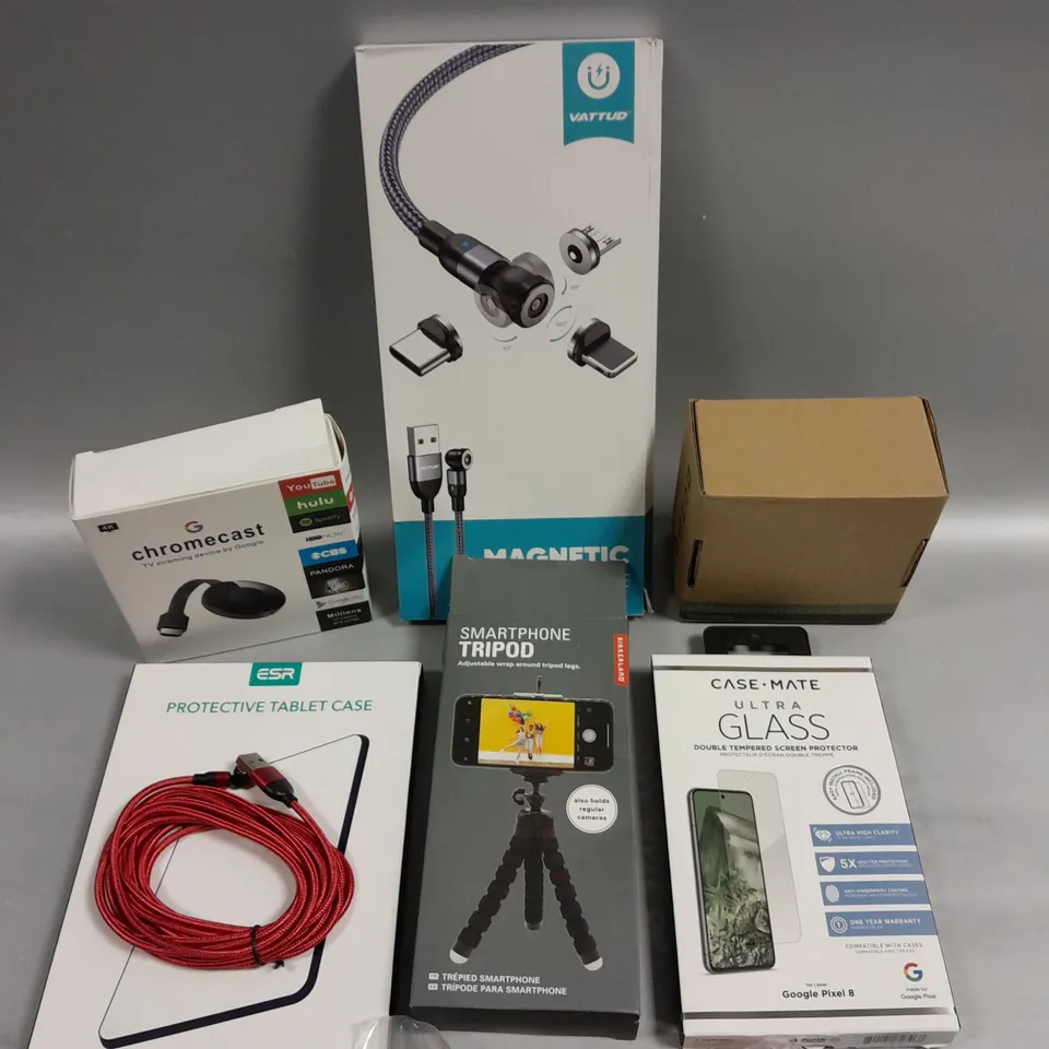 APPROXIMATELY 10 ASSORTED ELECTRICAL PRODUCTS TO INCLUDE CHARGING CABLES, SMARTPHONE TRIPOD, PROTECTIVE TABLET CASE ETC 