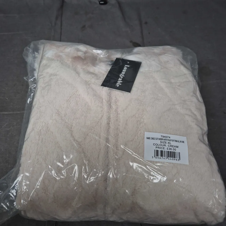 LOUNGEABLE CABLE CUT SHERPA WITH FAUX FUR TRIM ALL-IN-ONE – CREAM – XL