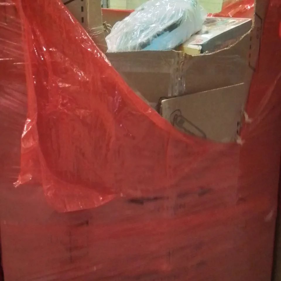 PALLET OF ASSORTED HOUSEHOLD GOODS AND PRODUCTS TO INCLUDE;SIT AND SPIN TOY,CURTAINS POLES