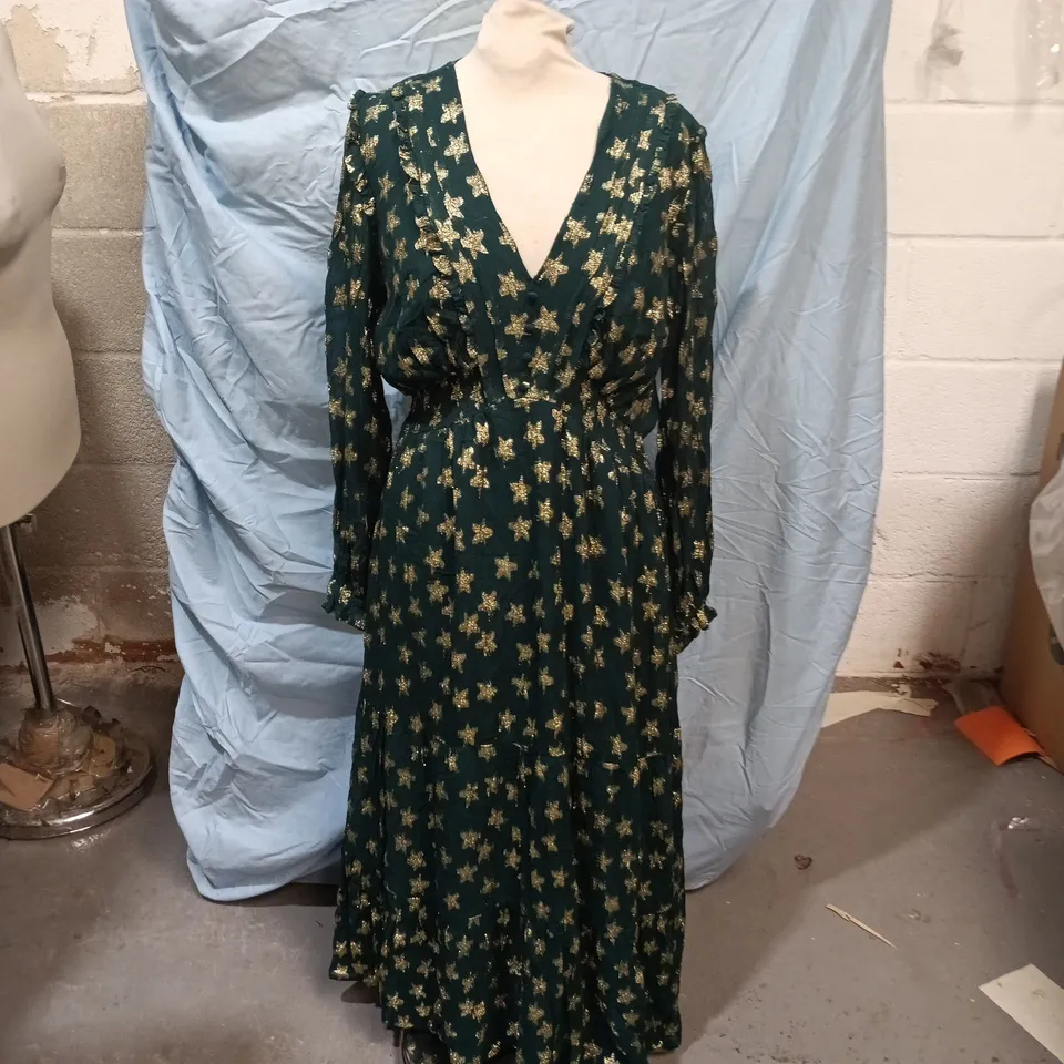 LOVE ROSES TEAL MAXI DRESS WITH GOLD STAR EMBROIDERY – UK 14 (US 10, EU 42)