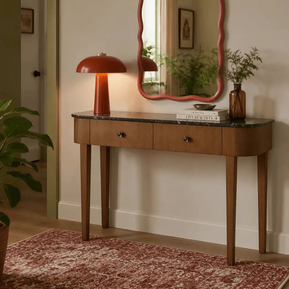 BOXED DUSK TILDA CONSOLE TABLE - MID WOOD/MARBLE TOP (1 BOX)
